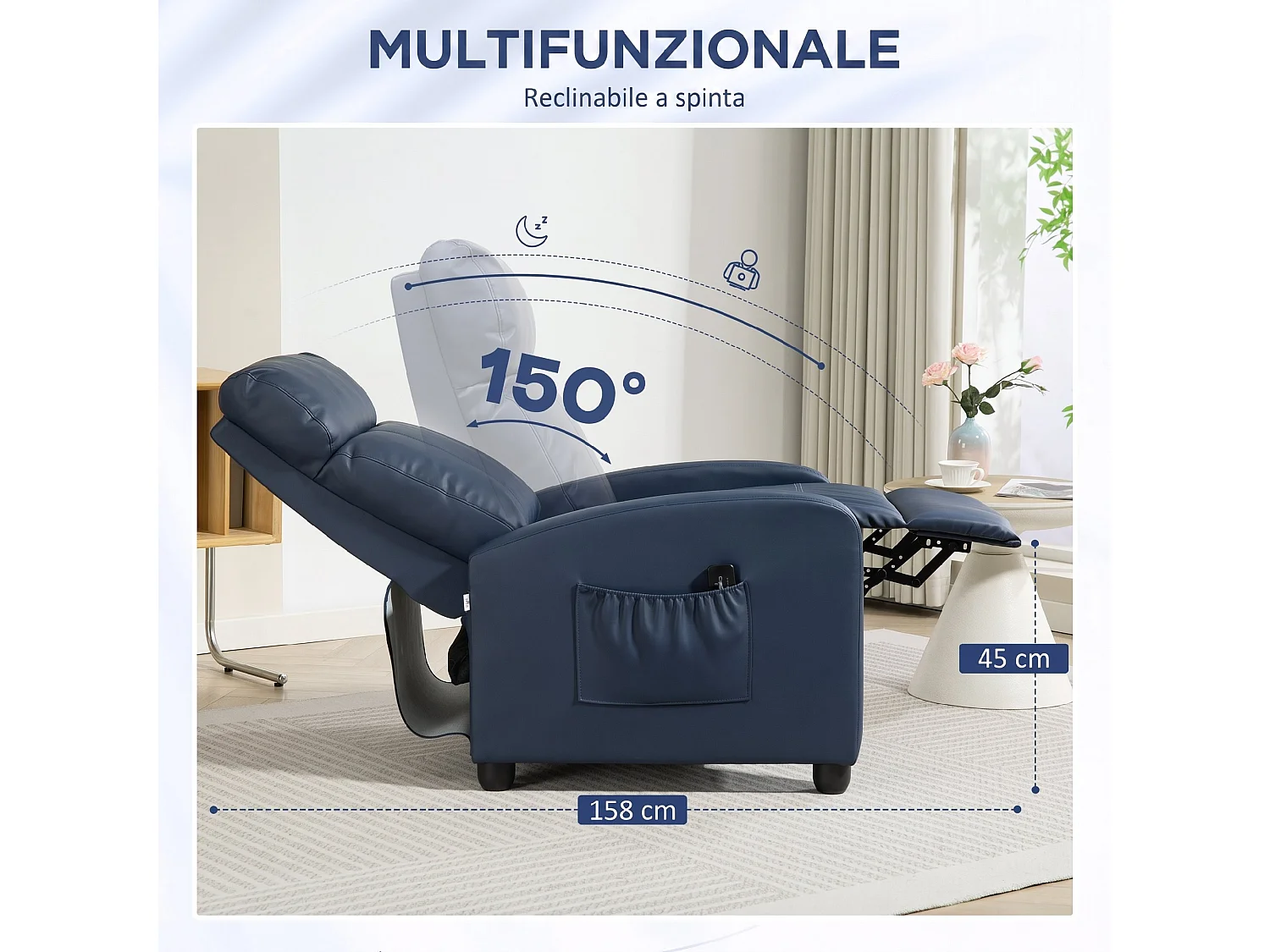 Poltrona massaggiante reclinabile con poggiapiedi pelle PU blu scuro