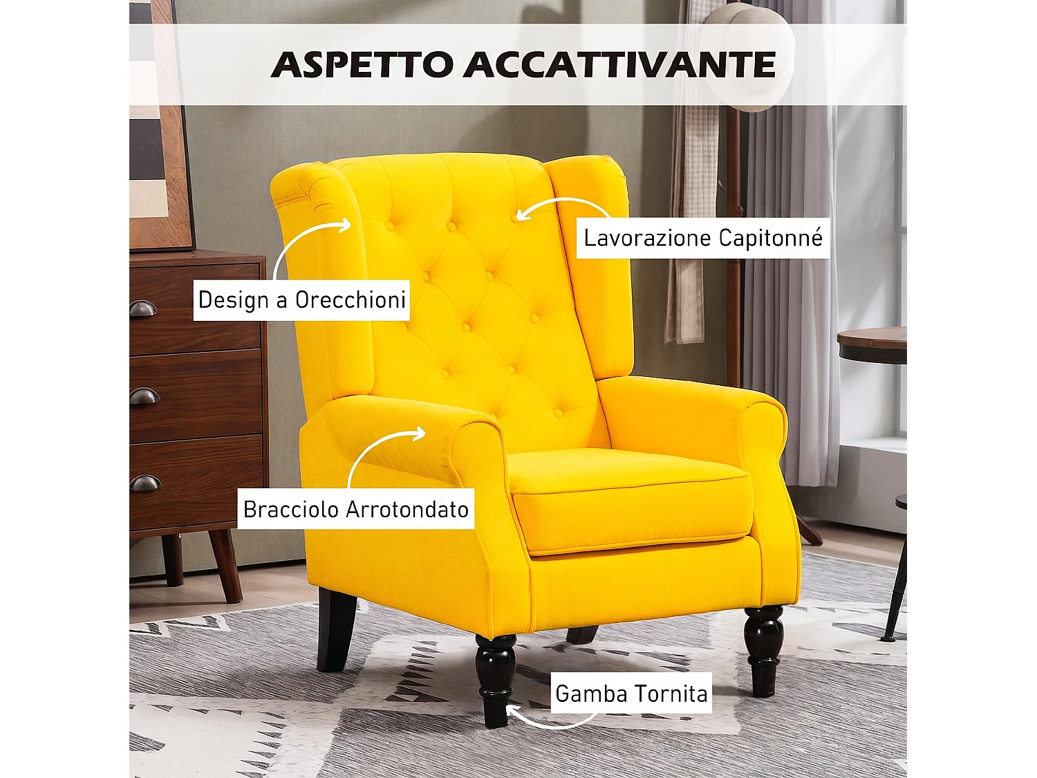 Poltrona camera da letto in stile francese con ampia seduta giallo