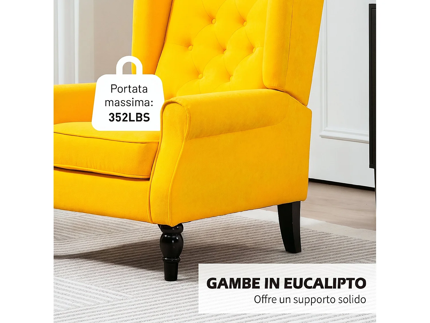 Poltrona camera da letto in stile francese con ampia seduta giallo