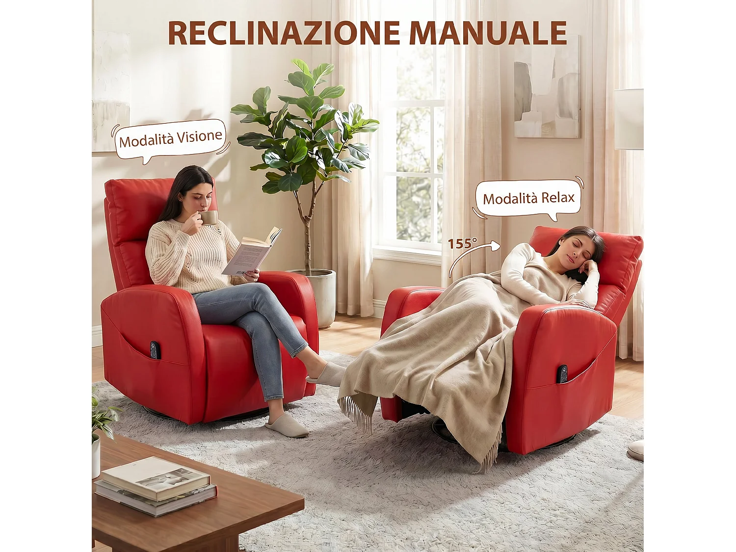 Poltrona massaggiante reclinabile con poggiapiedi in pelle PU rosso