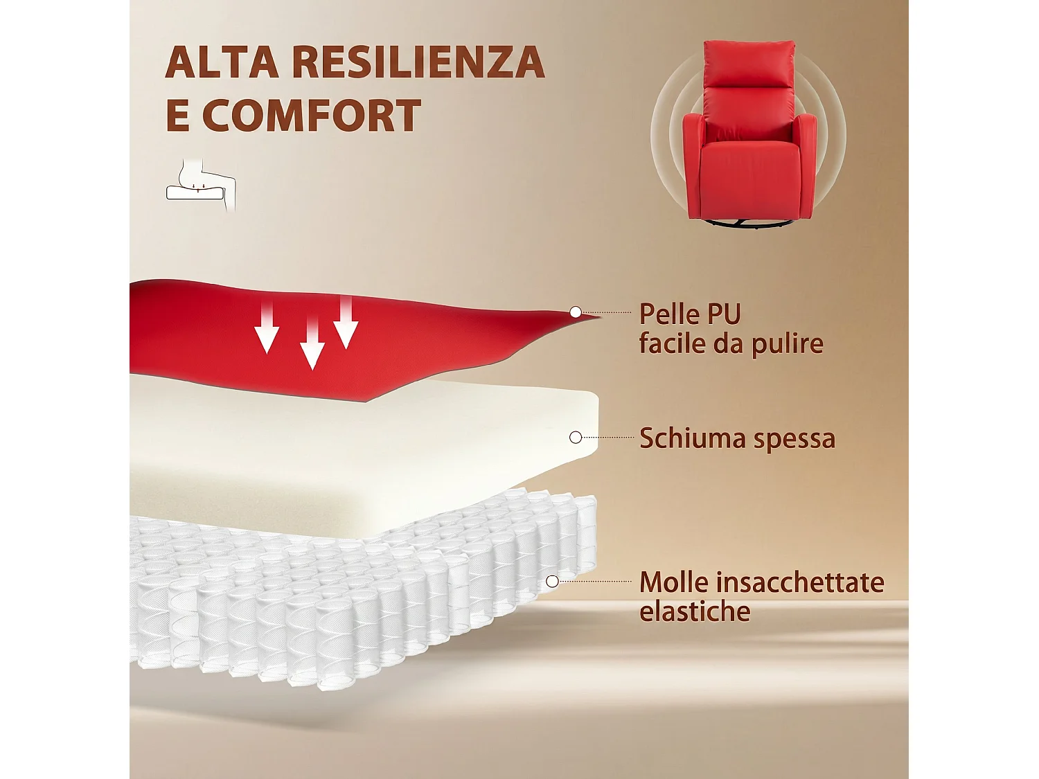 Poltrona massaggiante reclinabile con poggiapiedi in pelle PU rosso