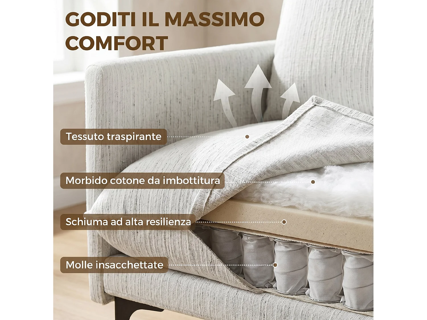 Poltrona salotto imbottita con cuscino in tessuto effetto lino bianco