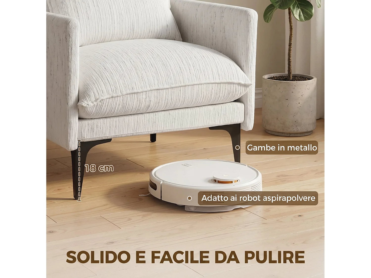 Poltrona salotto imbottita con cuscino in tessuto effetto lino bianco