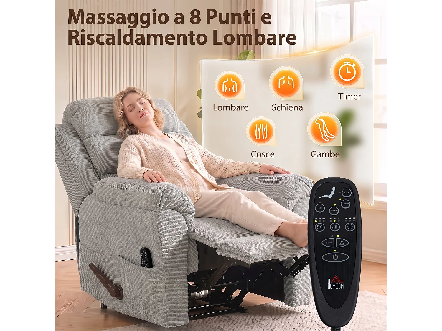 Poltrona reclinabile massaggiante riscaldante ciniglia grigio chiaro