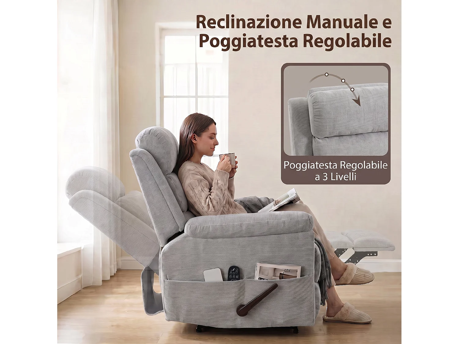 Poltrona reclinabile massaggiante riscaldante ciniglia grigio chiaro