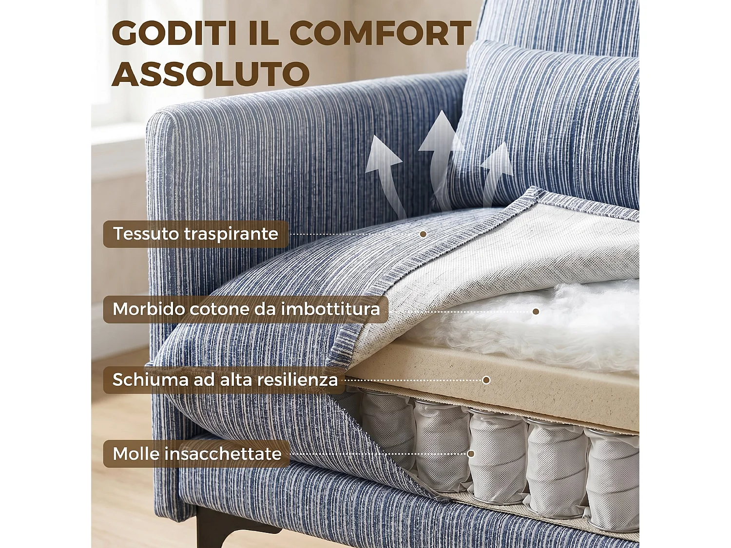 Poltrona salotto imbottita con cuscino in tessuto effetto lino bianco