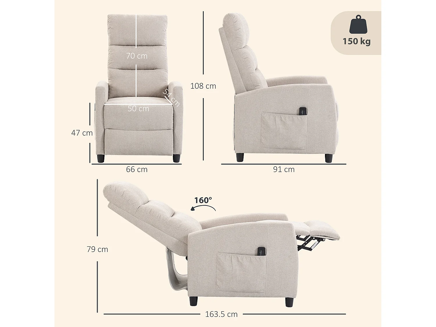 Poltrona massaggiante reclinabile a 160° in ciniglia bianco crema