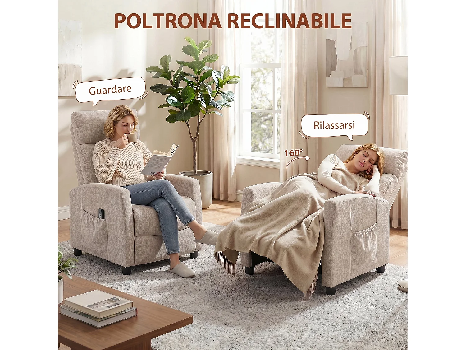 Poltrona massaggiante reclinabile a 160° in ciniglia bianco crema