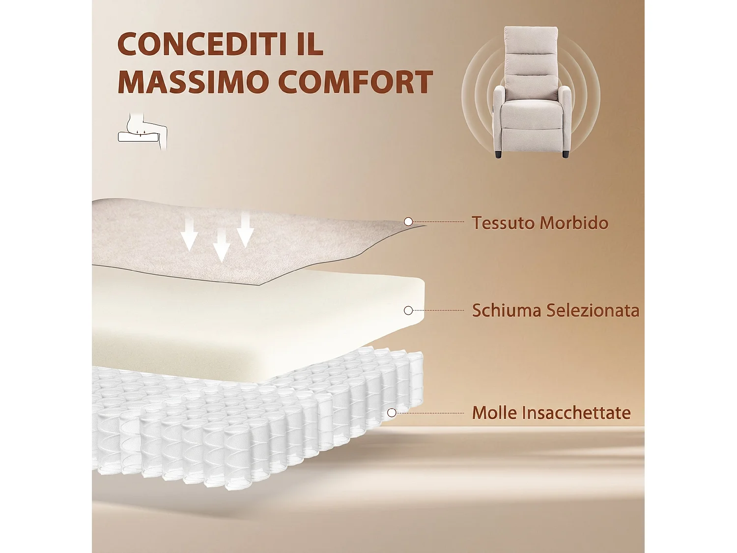 Poltrona massaggiante reclinabile a 160° in ciniglia bianco crema
