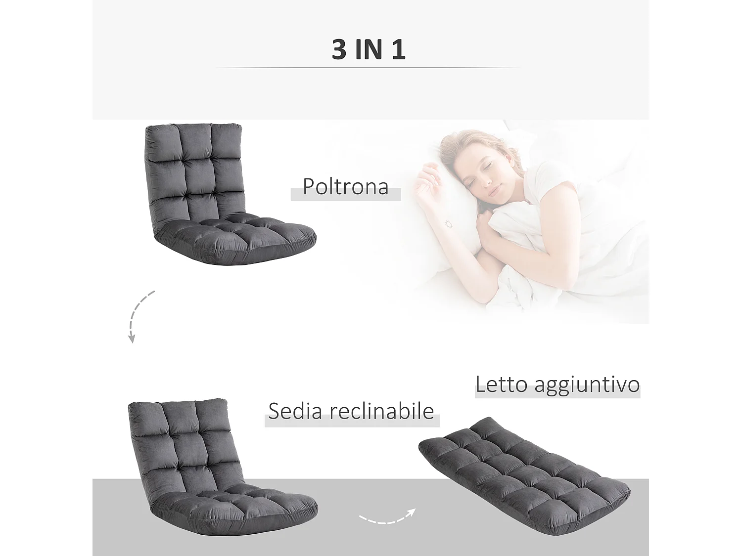 Poltrona da terra con schienale reclinabile in velluto grigio scuro