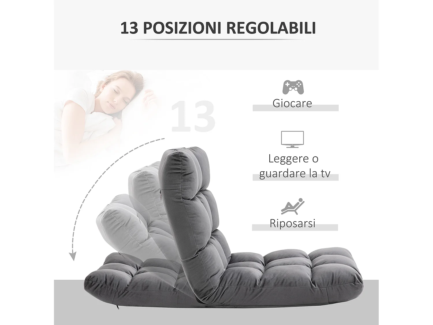 Poltrona da terra con schienale reclinabile in velluto grigio scuro