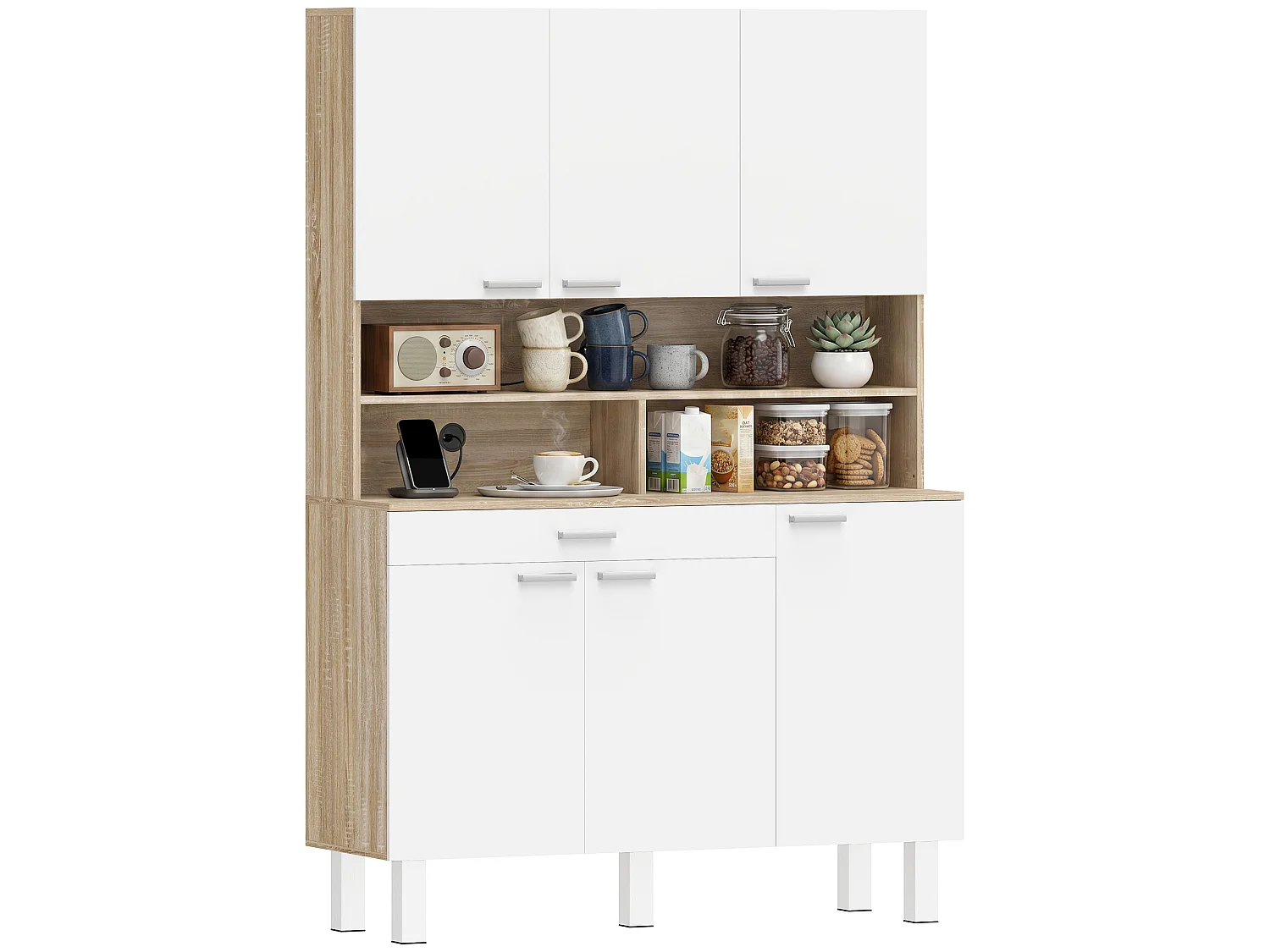 Credenza cucina con ripiani aperti, 4 armadietti e cassetto bianco