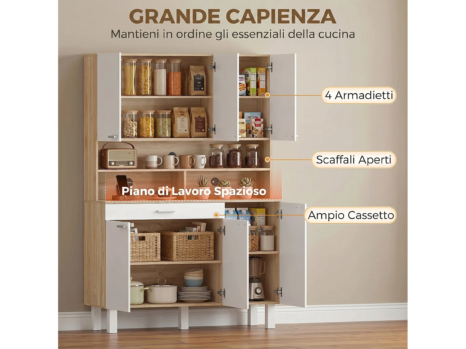 Credenza cucina con ripiani aperti, 4 armadietti e cassetto bianco