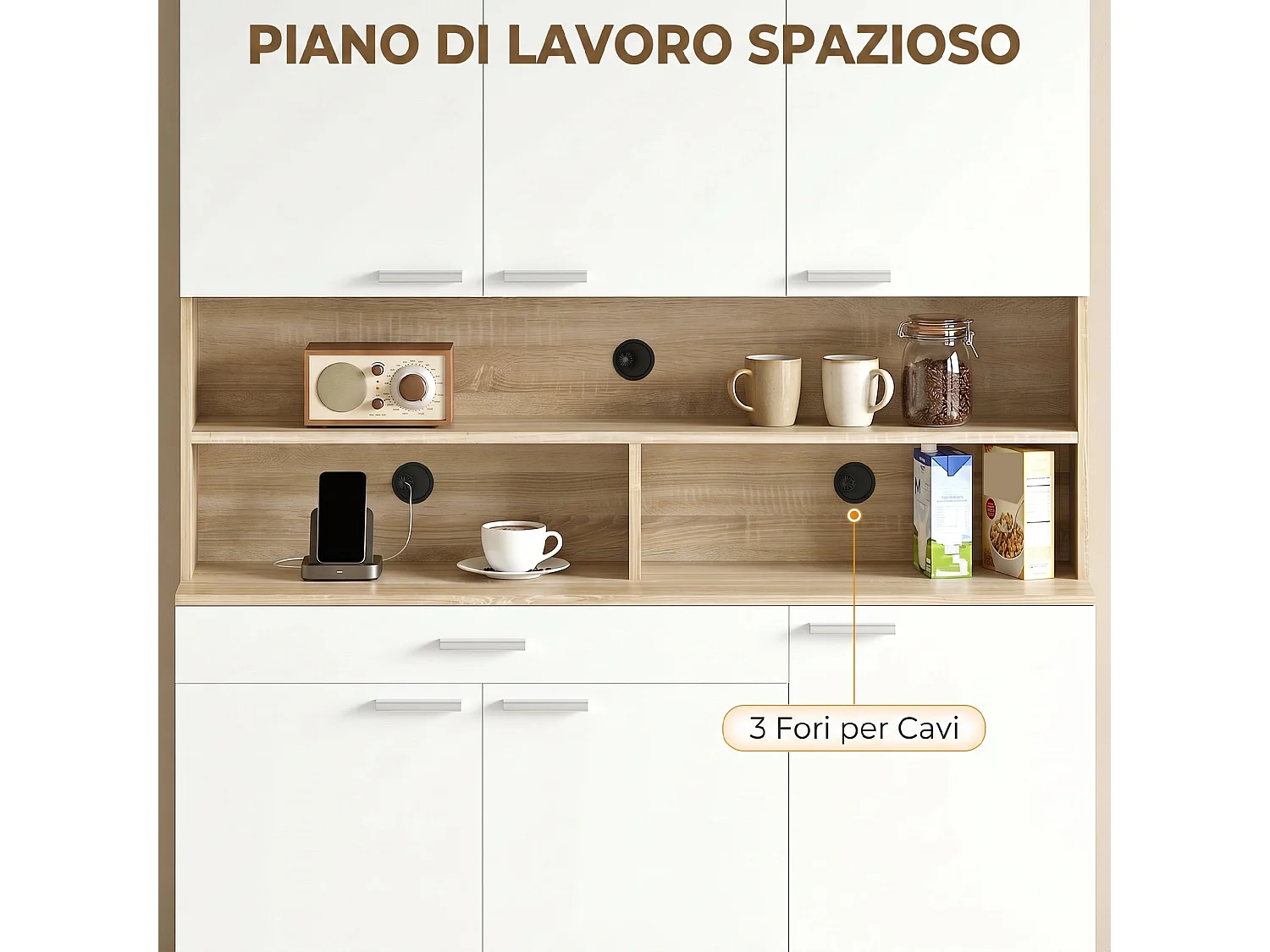 Credenza cucina con ripiani aperti, 4 armadietti e cassetto bianco