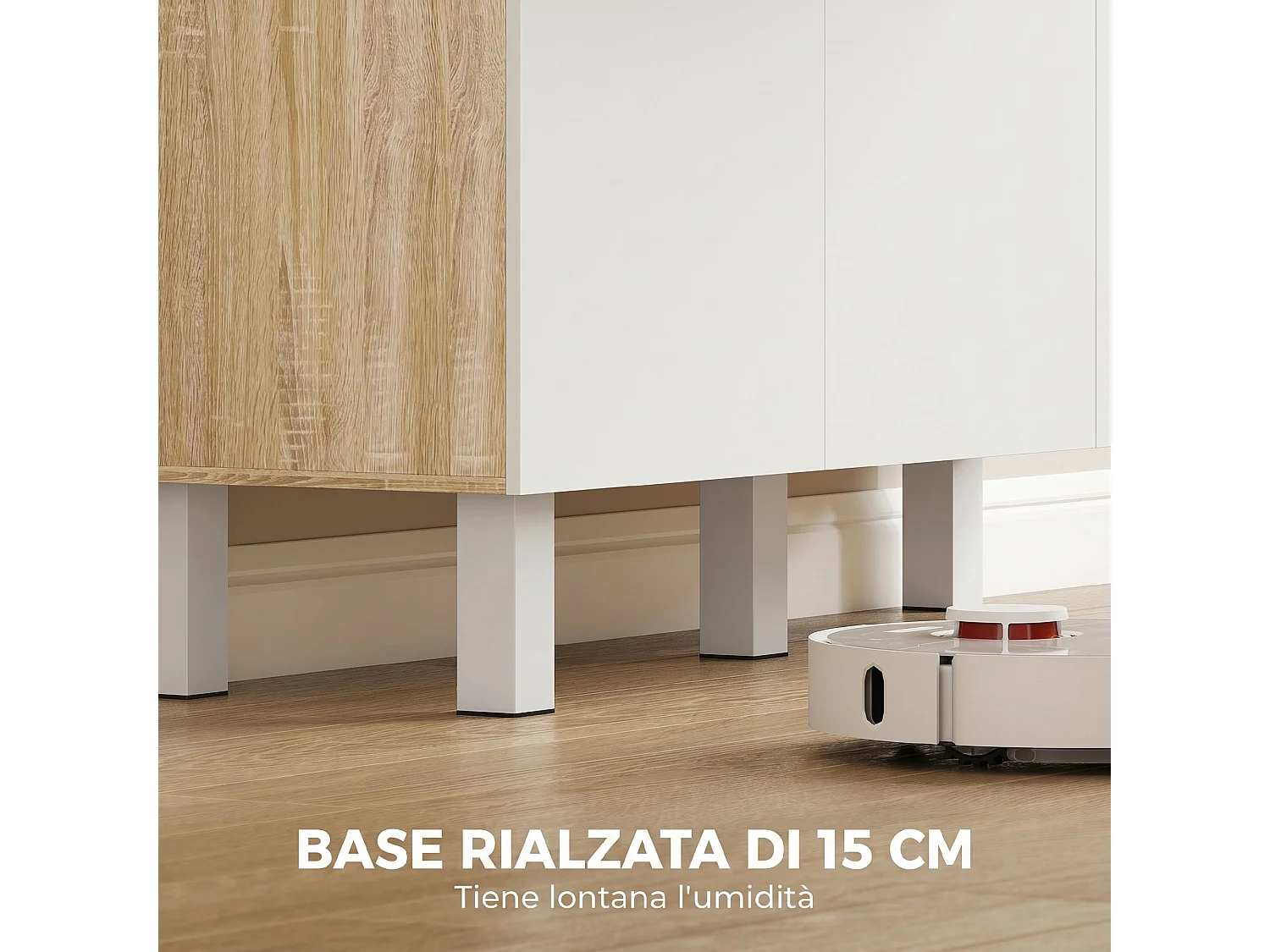 Credenza cucina con ripiani aperti, 4 armadietti e cassetto bianco