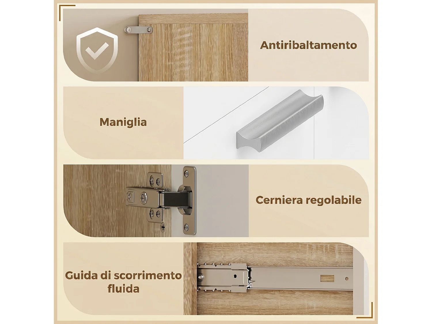 Credenza cucina con ripiani aperti, 4 armadietti e cassetto bianco