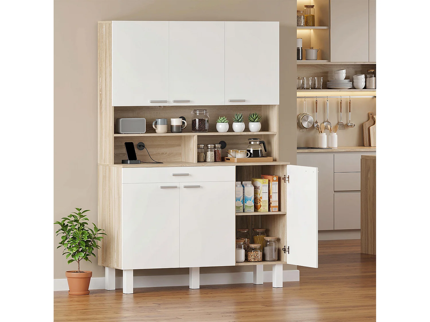 Credenza cucina con ripiani aperti, 4 armadietti e cassetto bianco