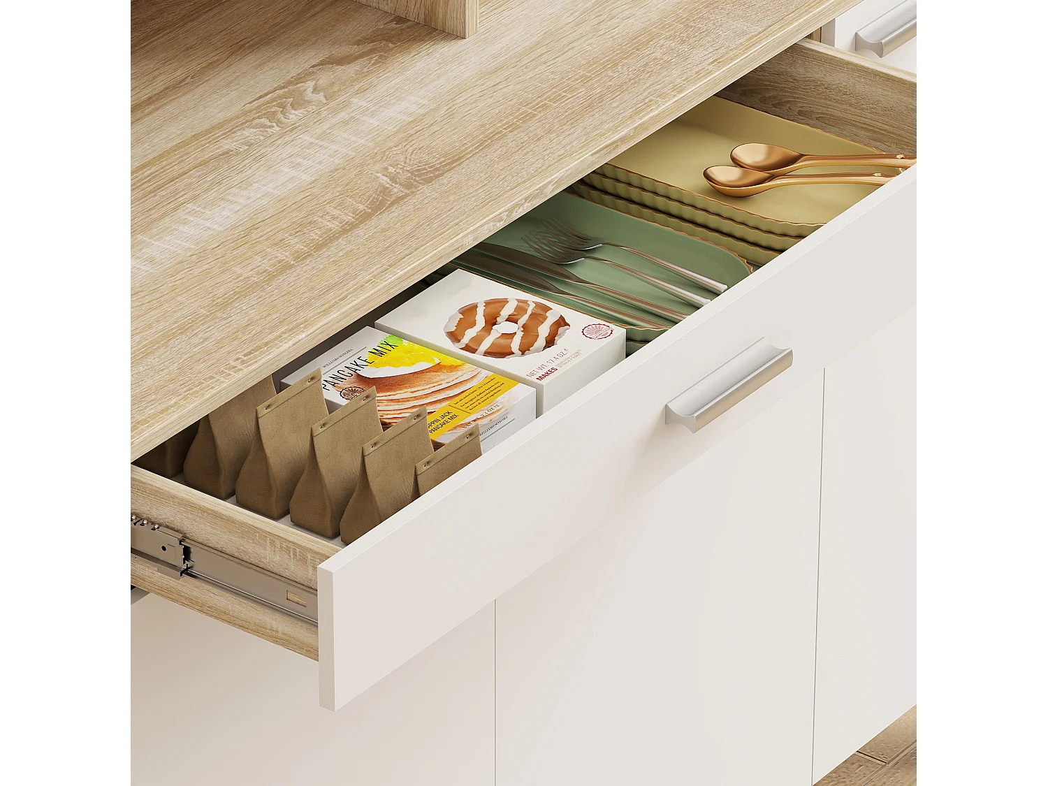 Credenza cucina con ripiani aperti, 4 armadietti e cassetto bianco