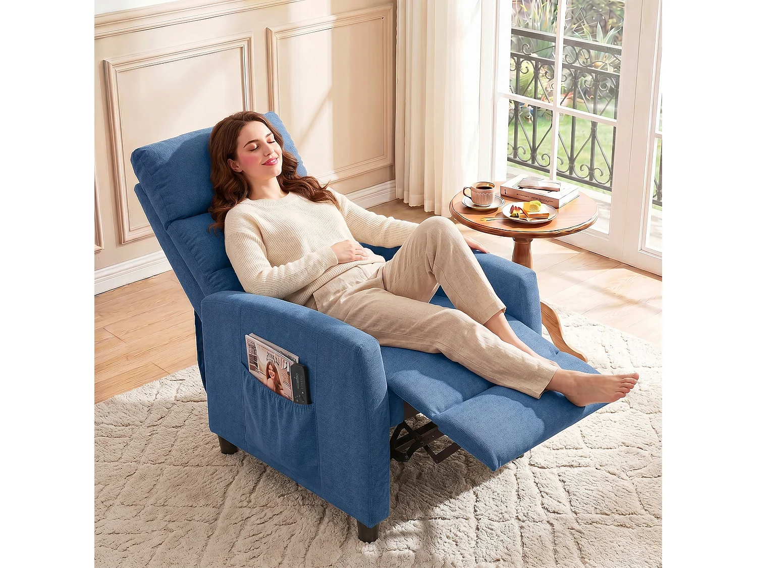 Poltrona massaggiante reclinabile a 160° in ciniglia blu scuro