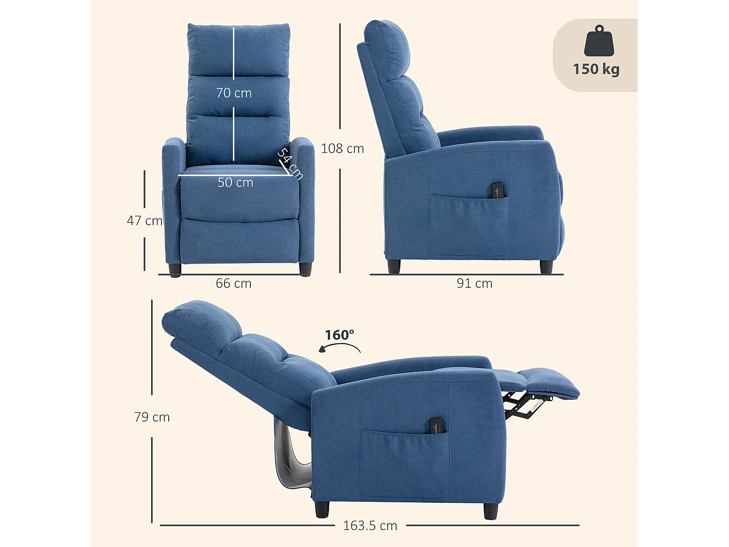 Poltrona massaggiante reclinabile a 160° in ciniglia blu scuro