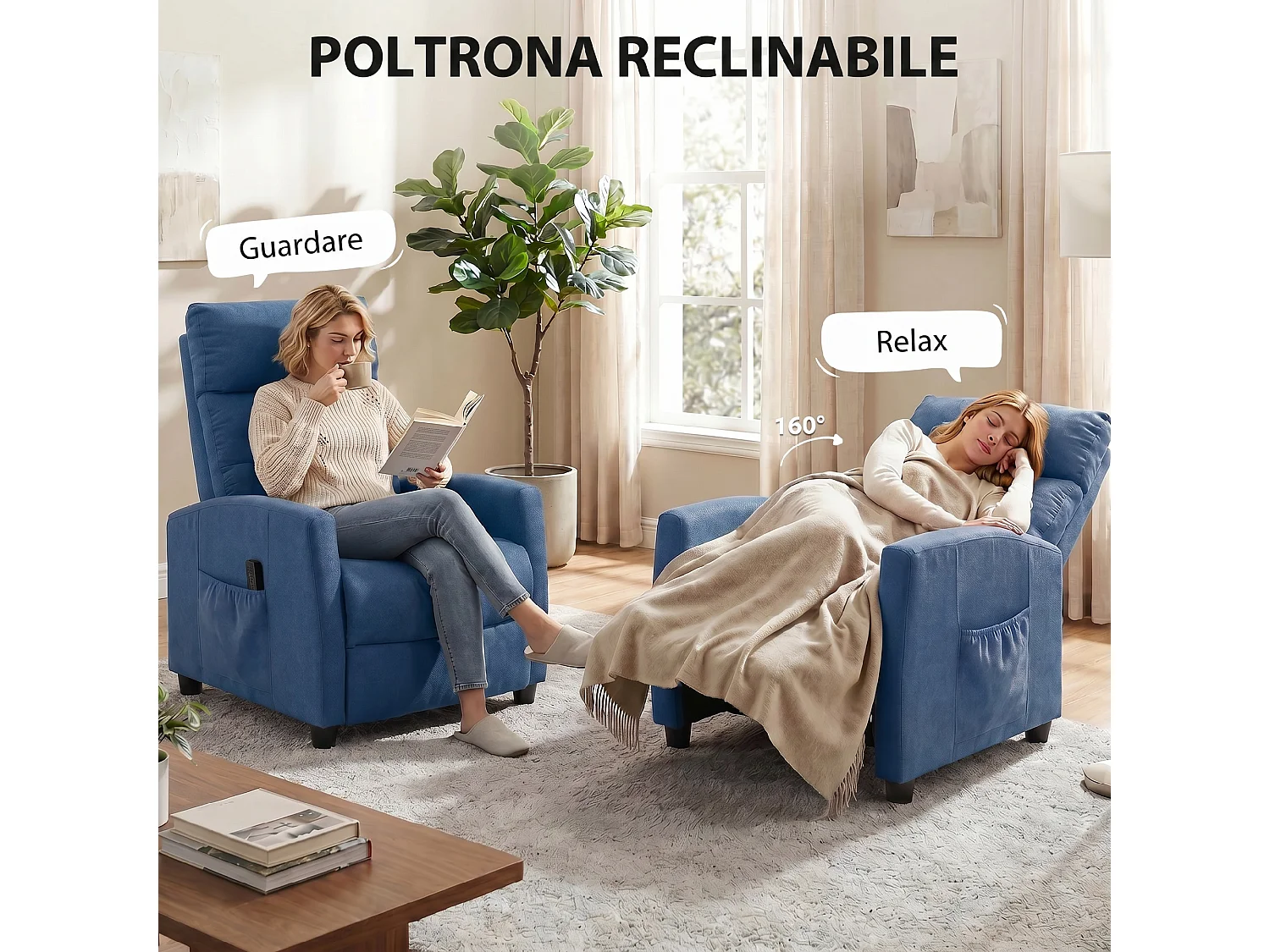 Poltrona massaggiante reclinabile a 160° in ciniglia blu scuro