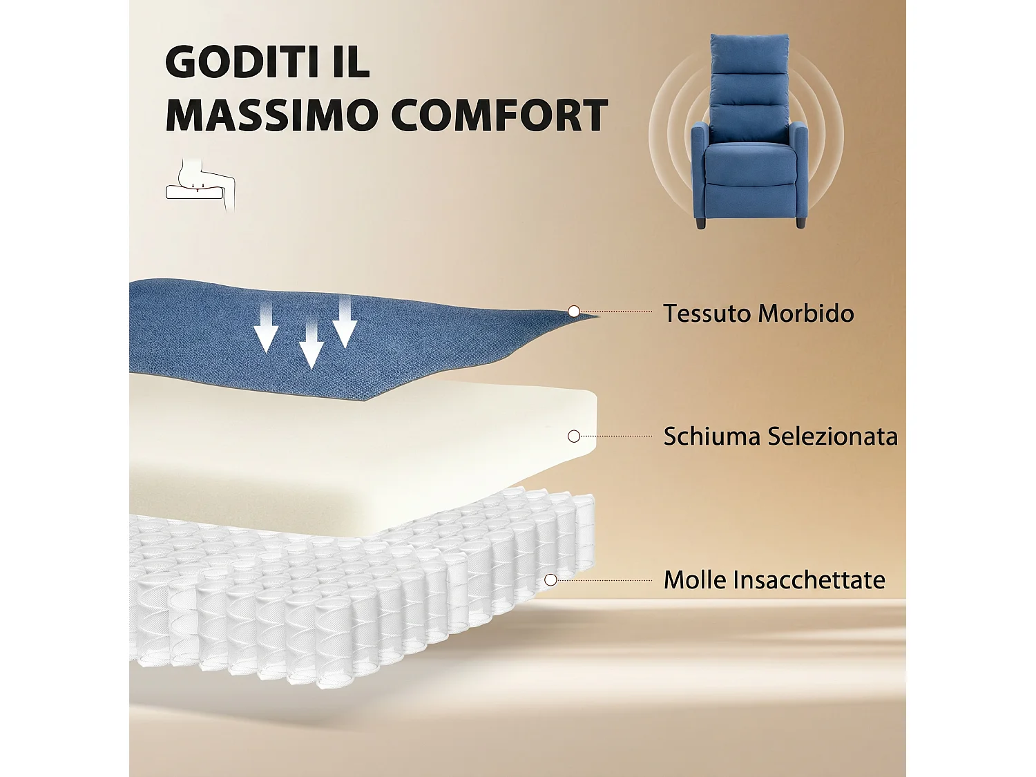 Poltrona massaggiante reclinabile a 160° in ciniglia blu scuro