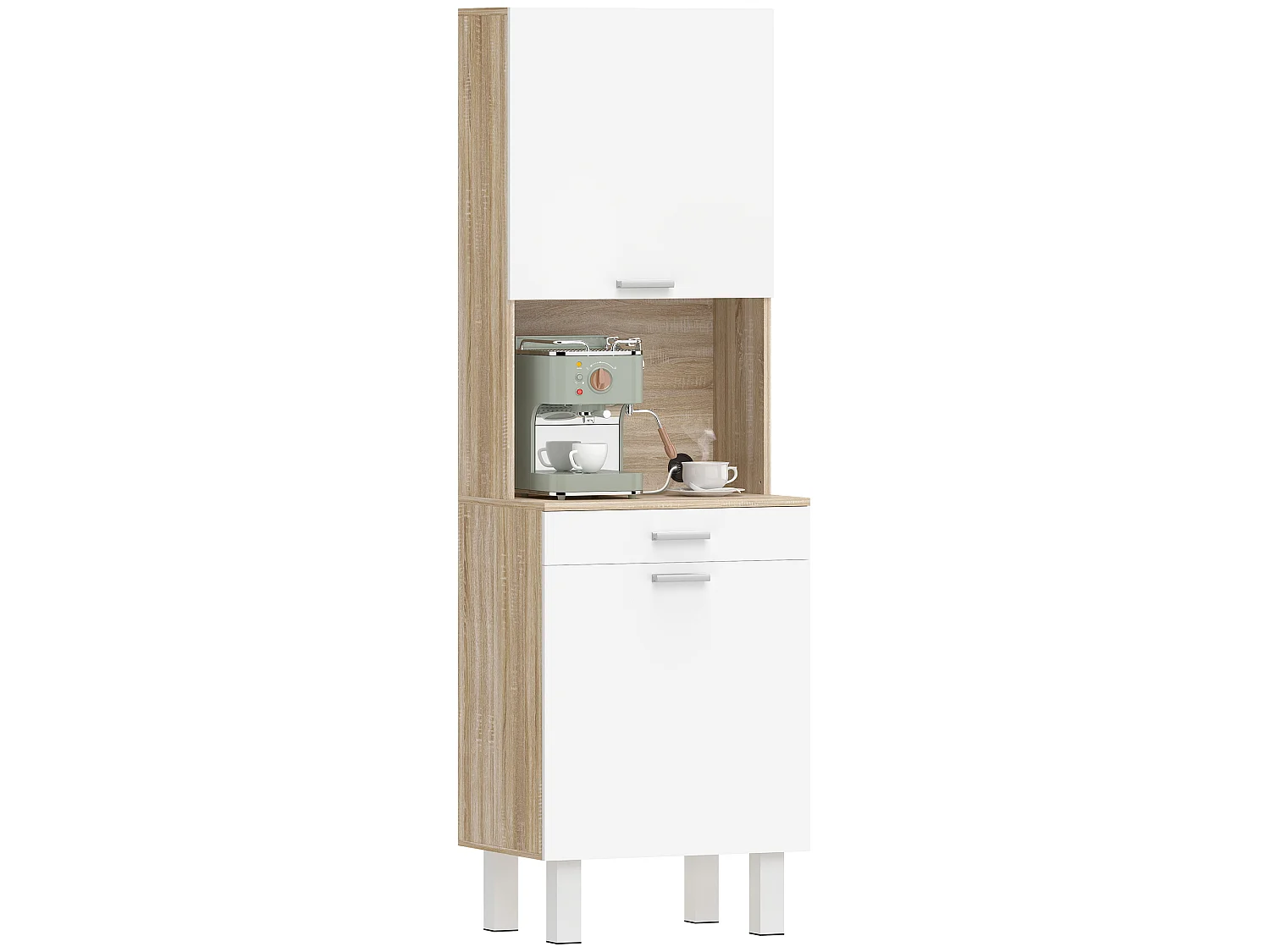 Credenza cucina con ripiani aperti, 2 armadietti e cassetto bianco