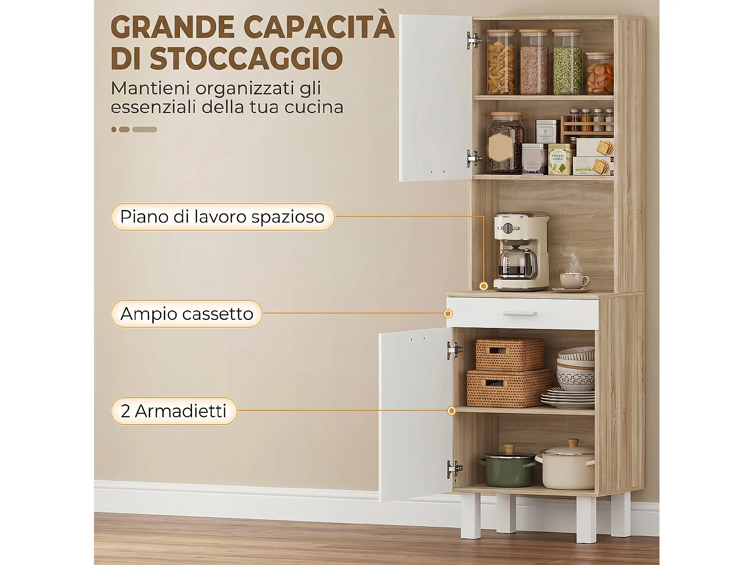 Credenza cucina con ripiani aperti, 2 armadietti e cassetto bianco