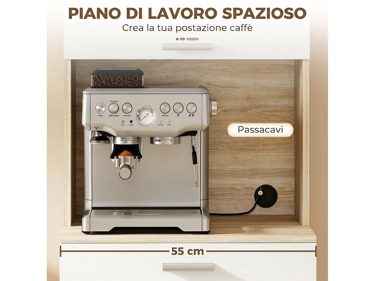Credenza cucina con ripiani aperti, 2 armadietti e cassetto bianco