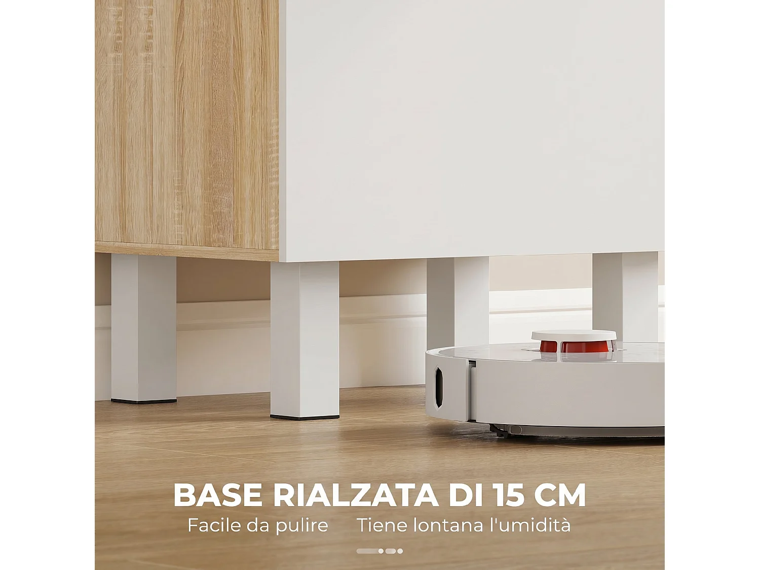 Credenza cucina con ripiani aperti, 2 armadietti e cassetto bianco