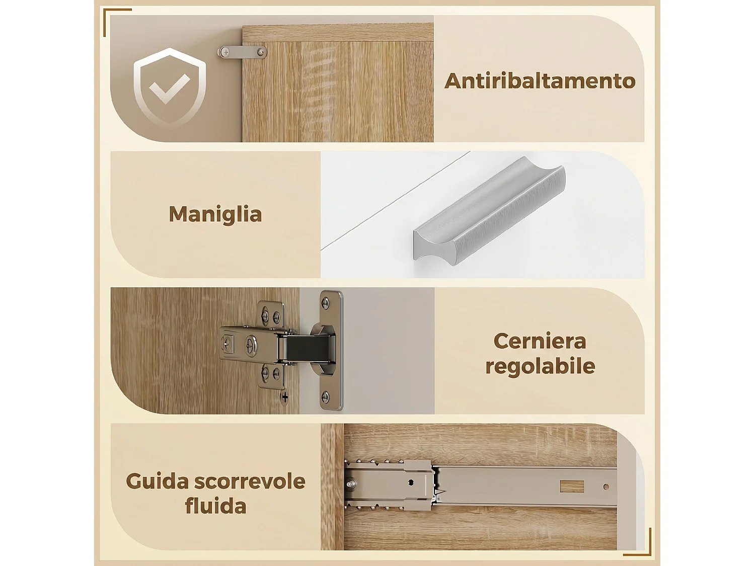 Credenza cucina con ripiani aperti, 2 armadietti e cassetto bianco