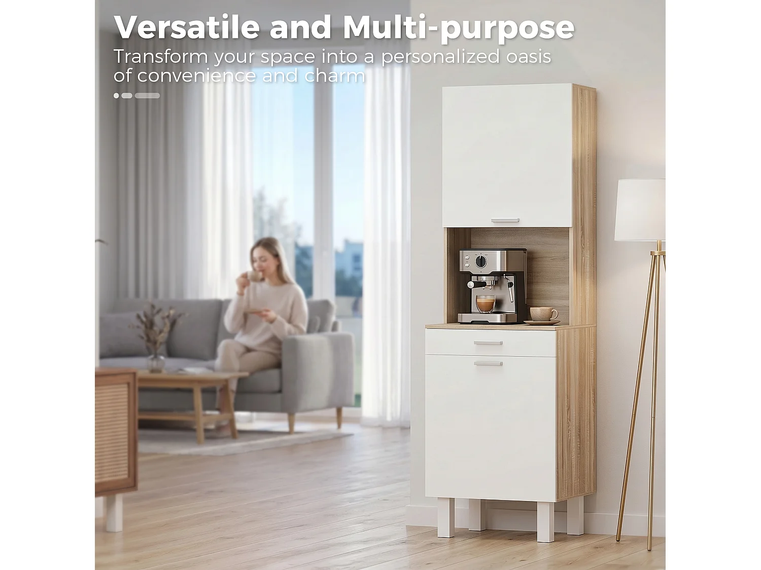 Credenza cucina con ripiani aperti, 2 armadietti e cassetto bianco