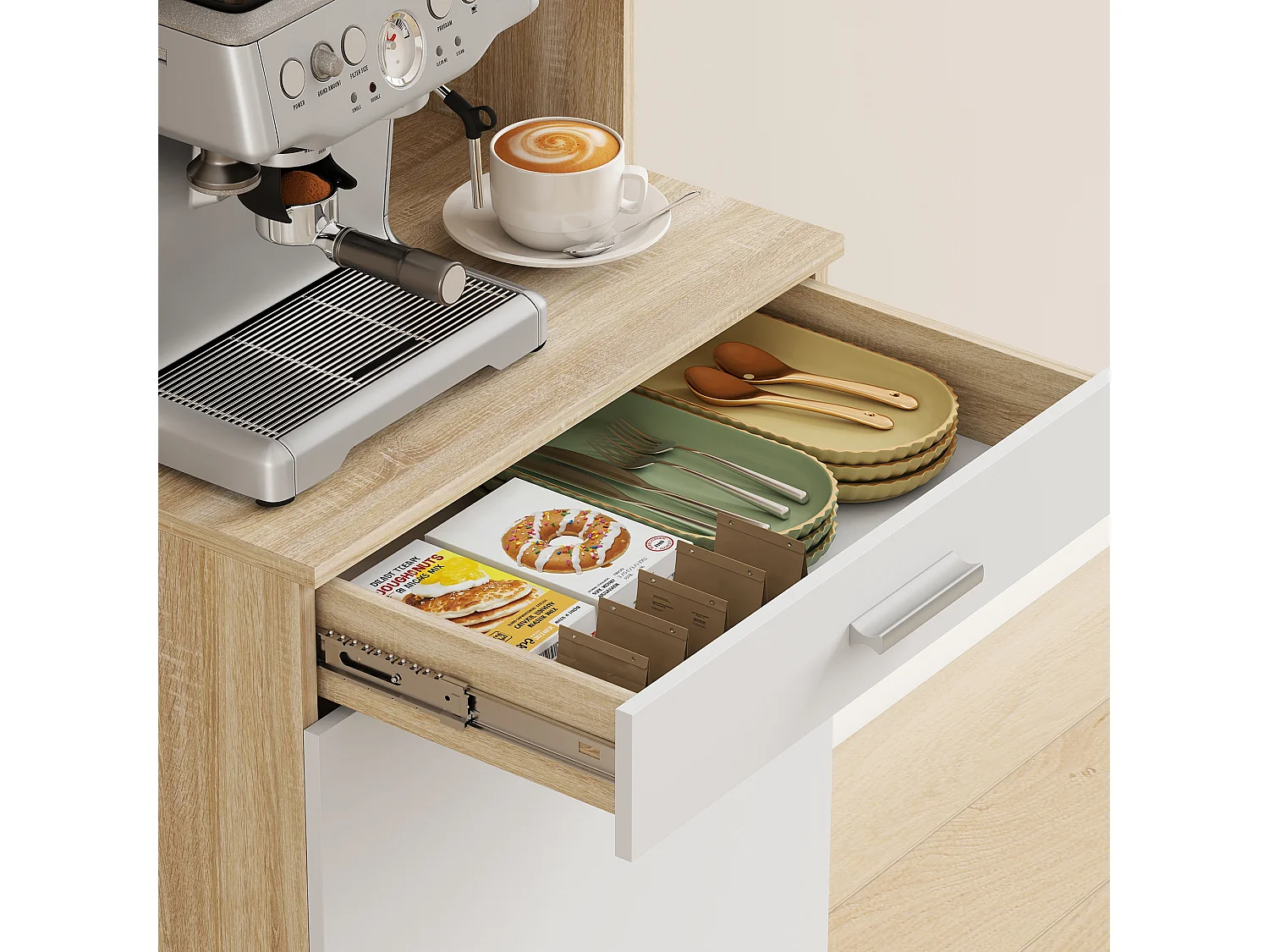 Credenza cucina con ripiani aperti, 2 armadietti e cassetto bianco
