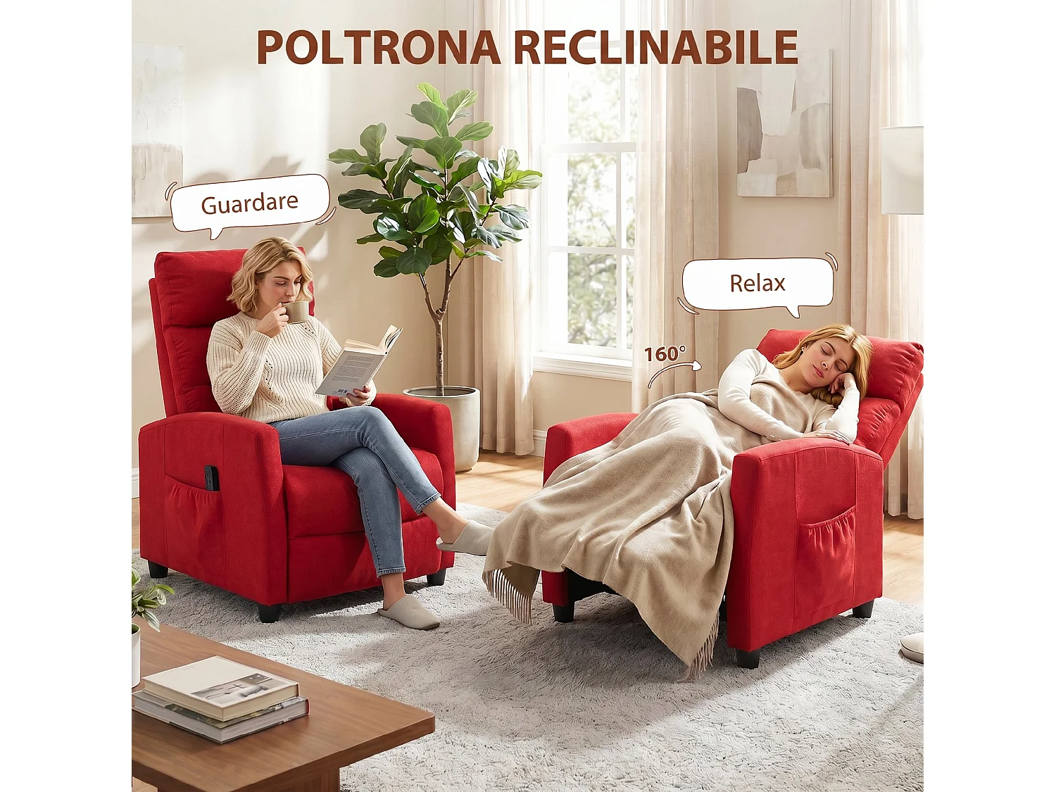 Poltrona massaggiante reclinabile a 160° in ciniglia rosso vino