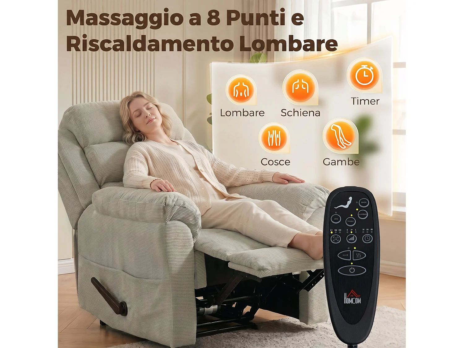 Poltrona reclinabile massaggiante riscaldante in ciniglia bianco crema