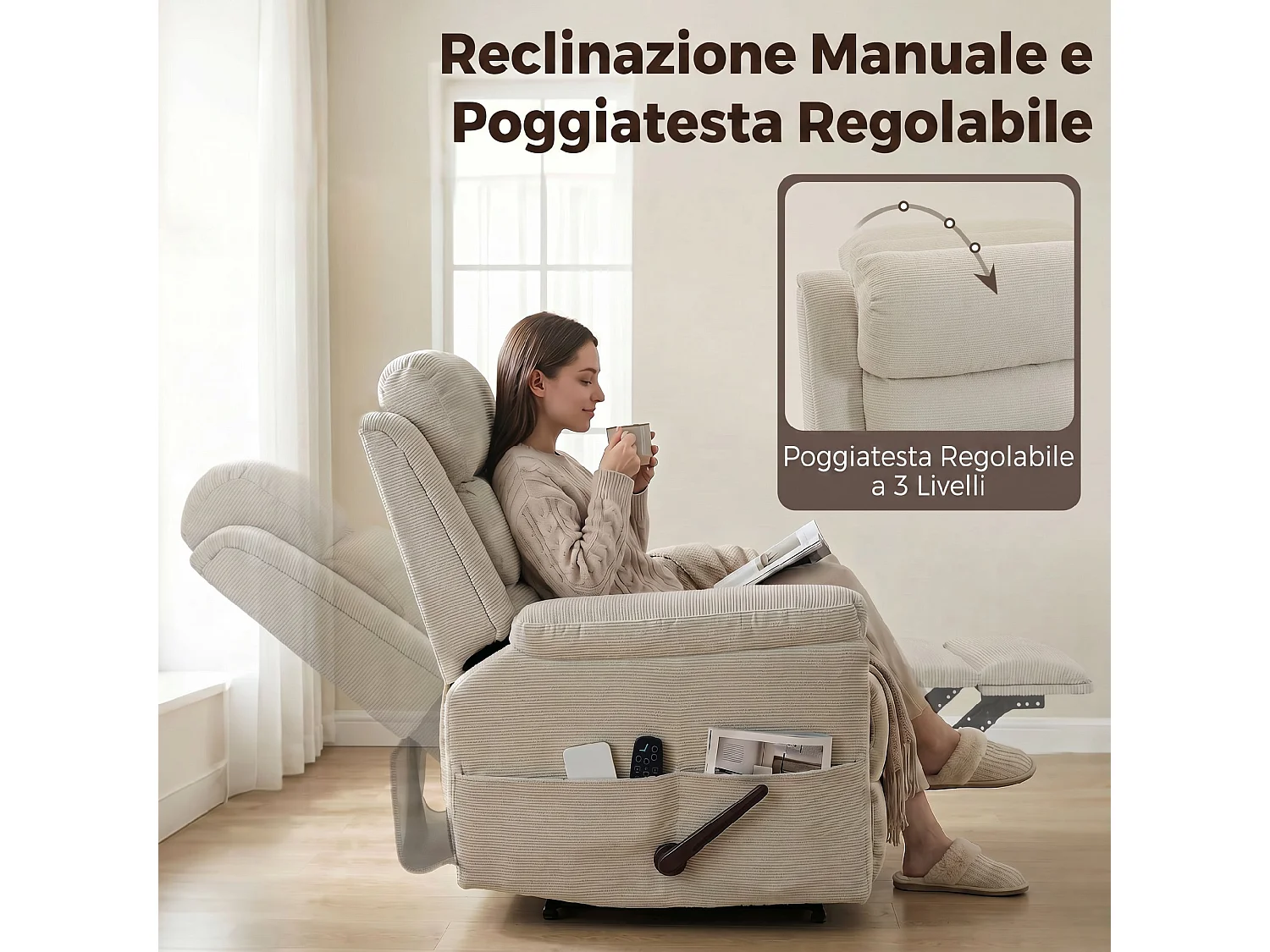 Poltrona reclinabile massaggiante riscaldante in ciniglia bianco crema