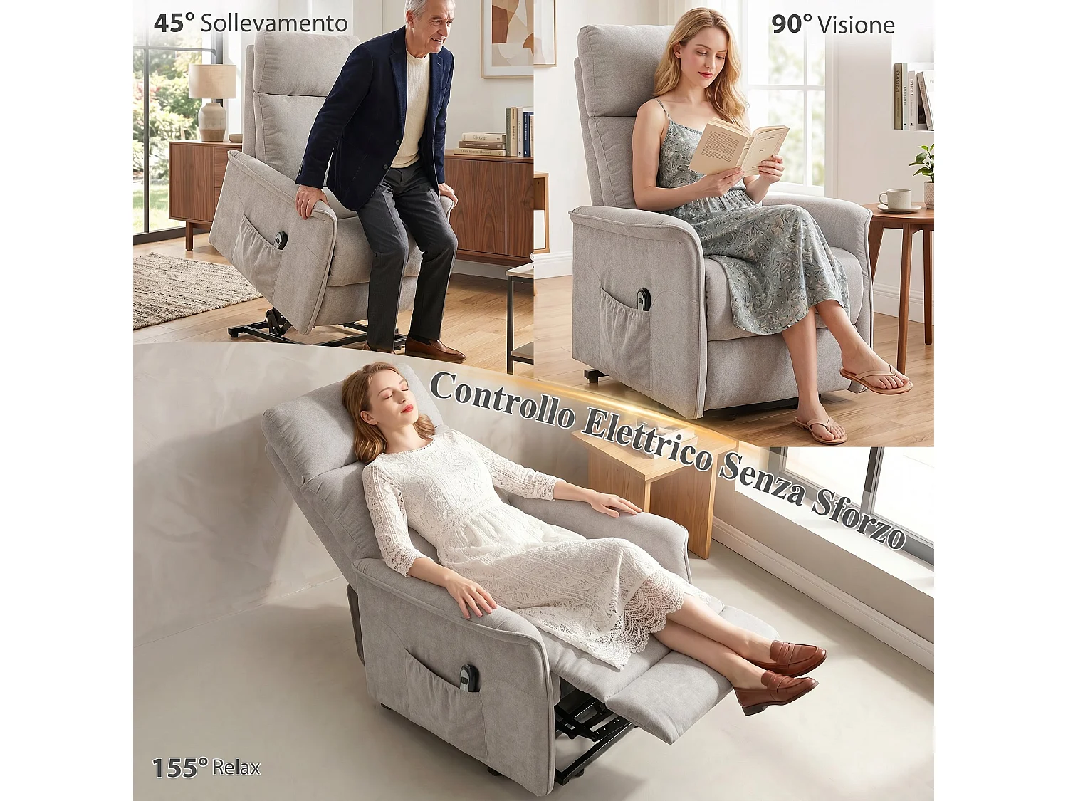 Poltrona elettrica alzapersona reclinabile in ciniglia grigio chiaro