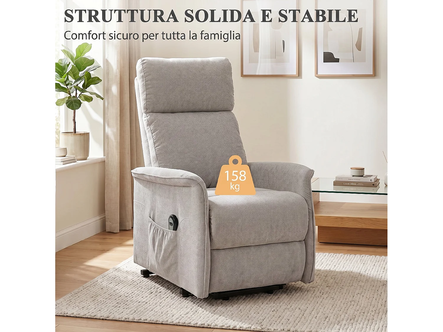Poltrona elettrica alzapersona reclinabile in ciniglia grigio chiaro