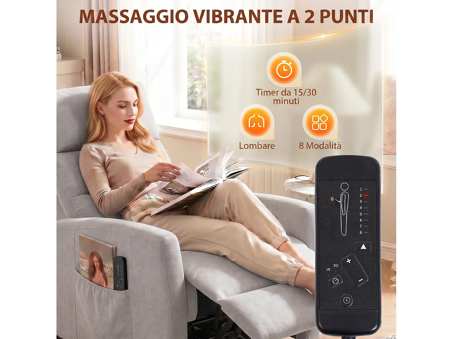 Poltrona massaggiante reclinabile a 160° in ciniglia grigio chiaro