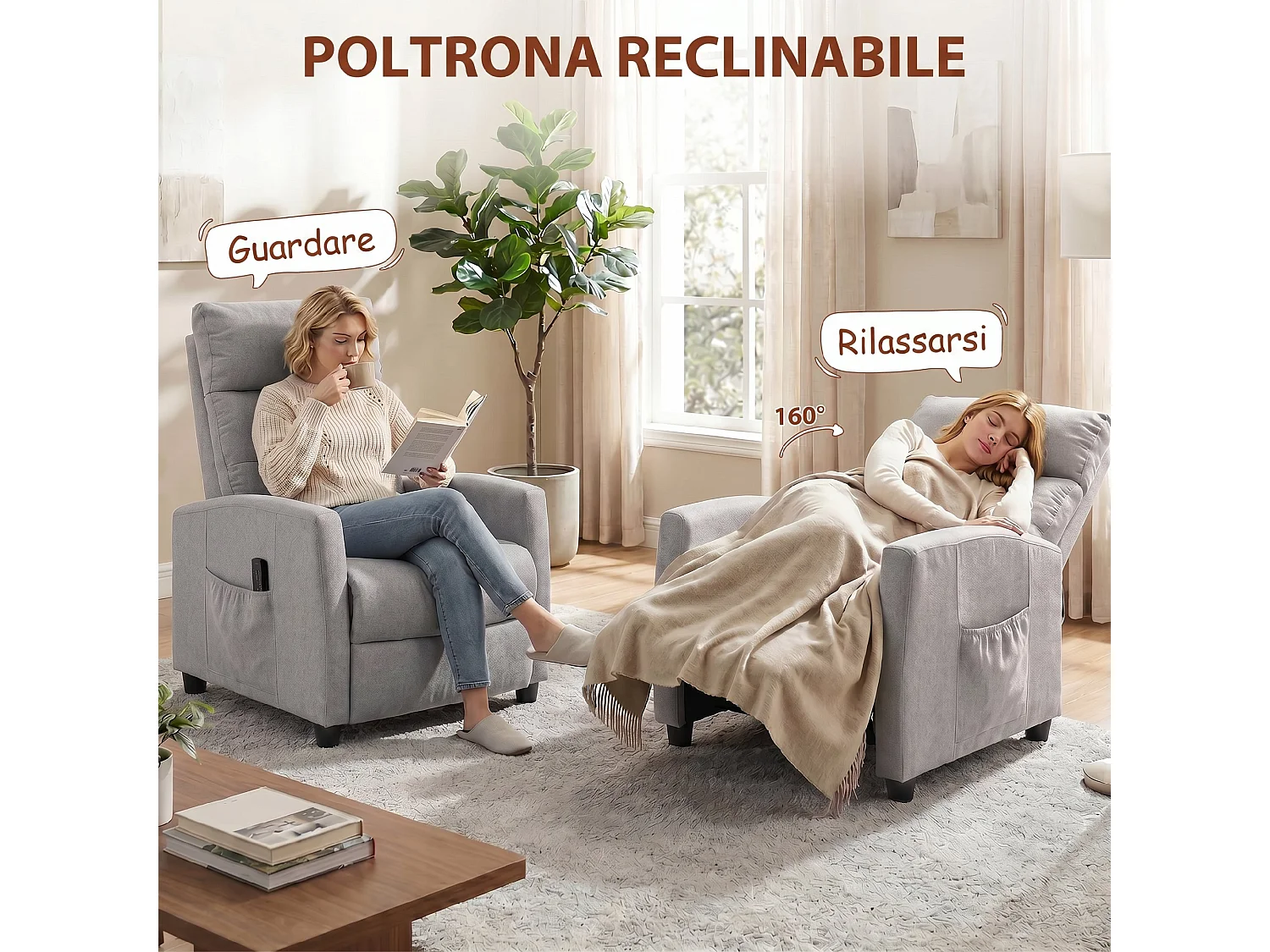 Poltrona massaggiante reclinabile a 160° in ciniglia grigio chiaro