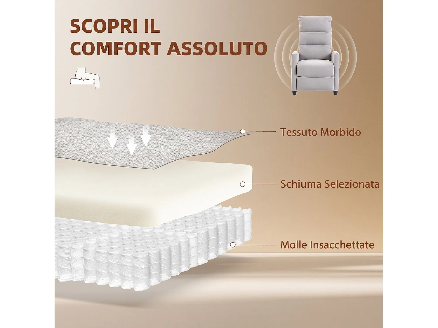 Poltrona massaggiante reclinabile a 160° in ciniglia grigio chiaro