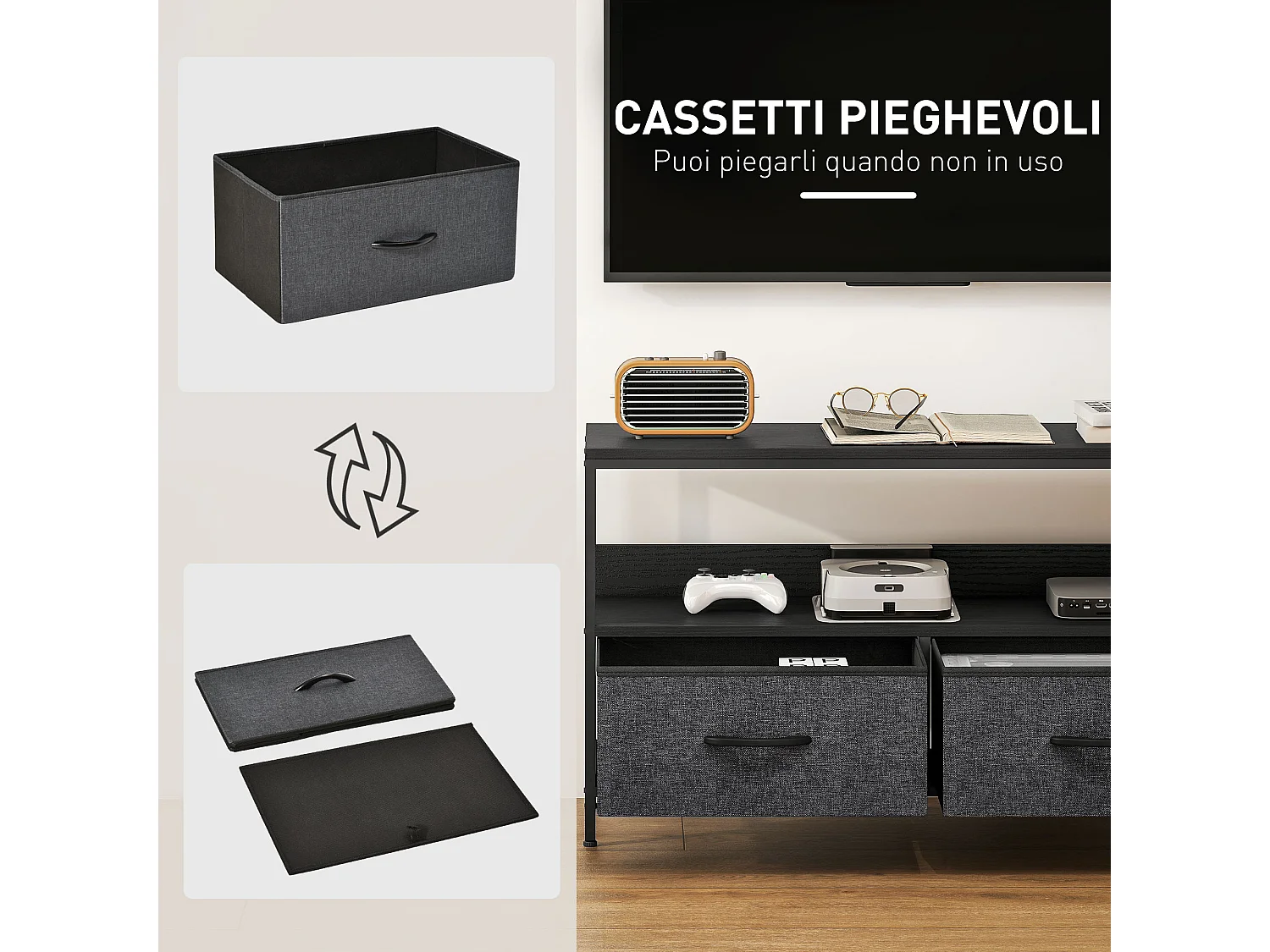 Mobile tv industriale con 2 cassetti pieghevoli e mensola nero