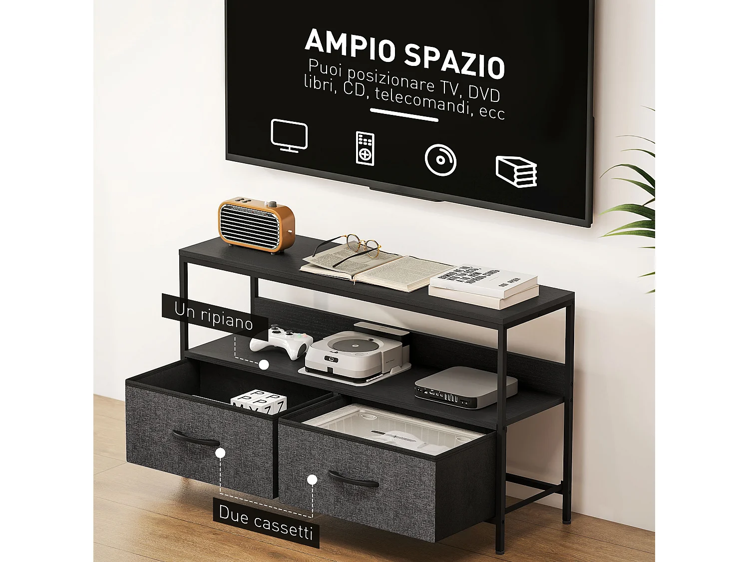 Mobile tv industriale con 2 cassetti pieghevoli e mensola nero