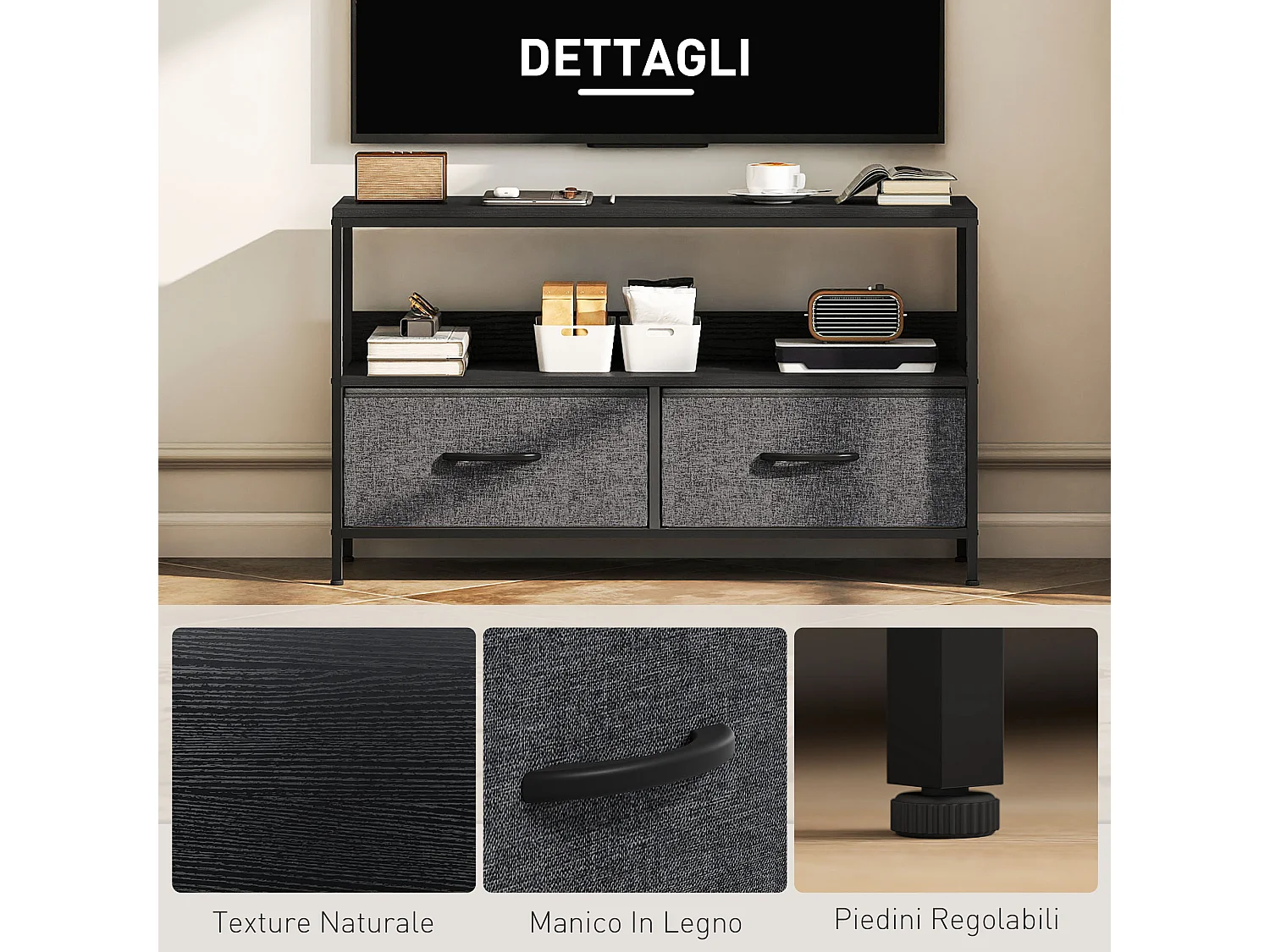 Mobile tv industriale con 2 cassetti pieghevoli e mensola nero