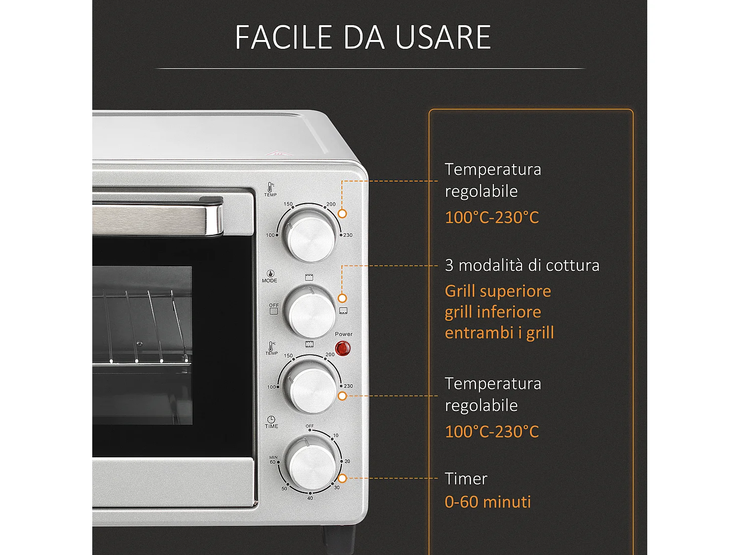 HOMCOM Fornetto Elettrico 32L Regolazione Temperatura 3 Metodi Cottura