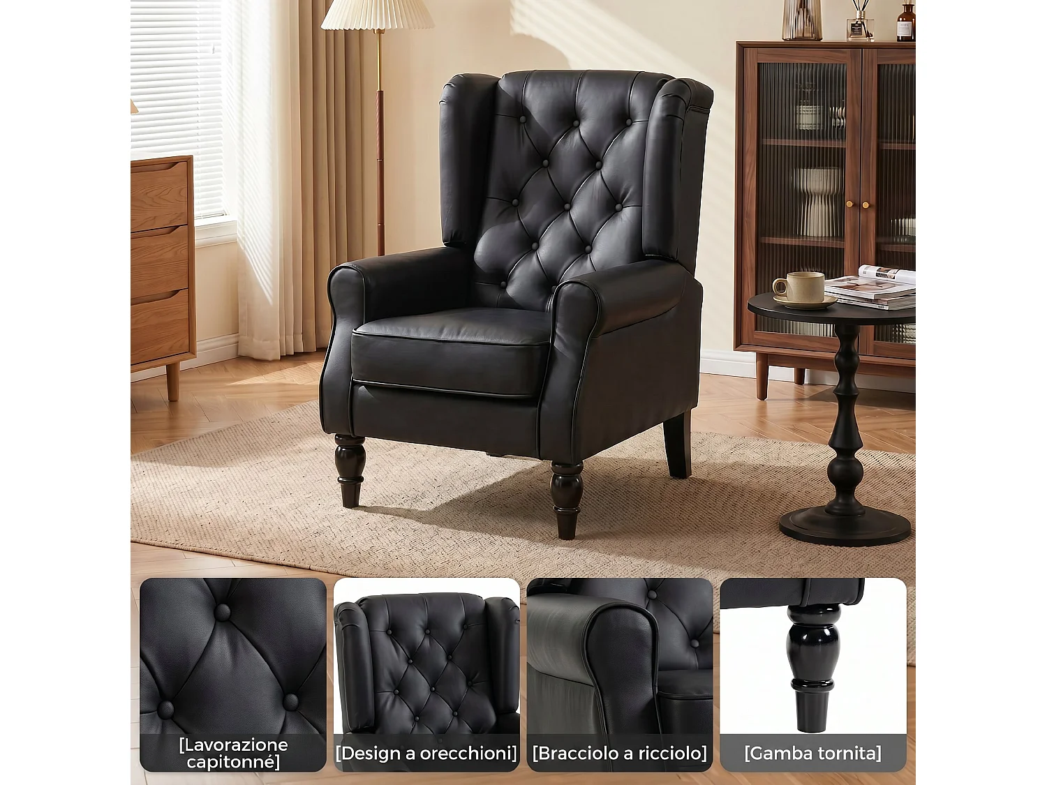 Poltroncina camera da letto in pelle pu con schienale alto nero