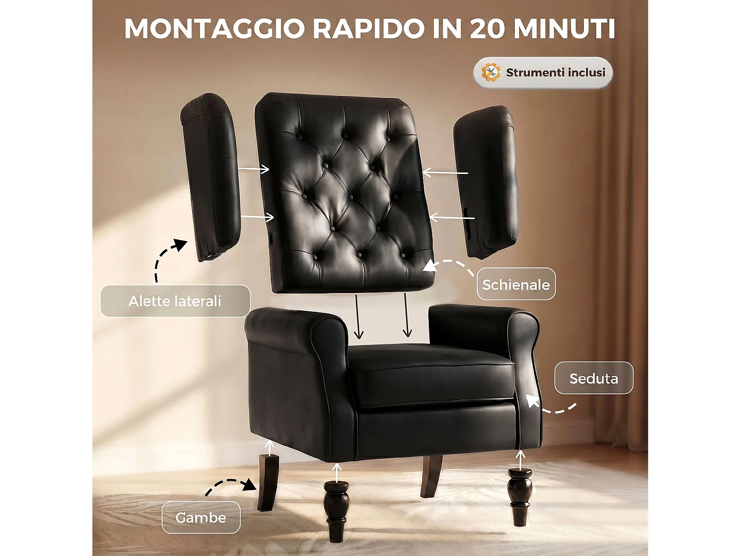 Poltroncina camera da letto in pelle pu con schienale alto nero