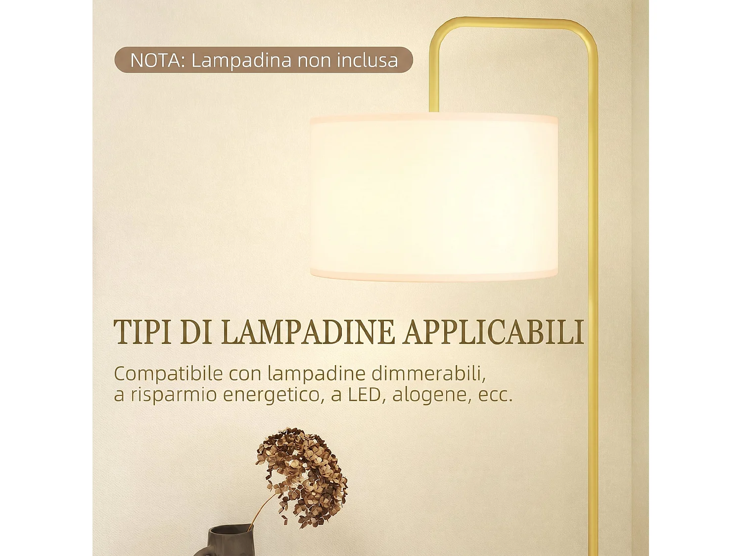 Lampada da terra con paralume in tessuto effetto lino oro