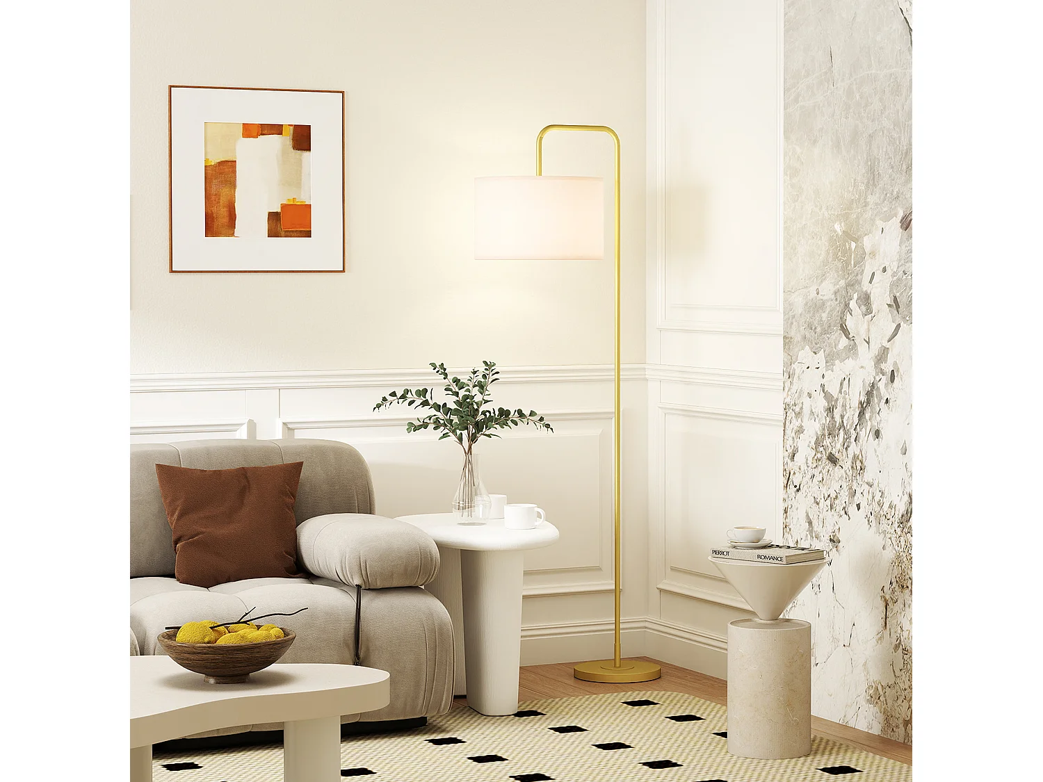 Lampada da terra con paralume in tessuto effetto lino oro