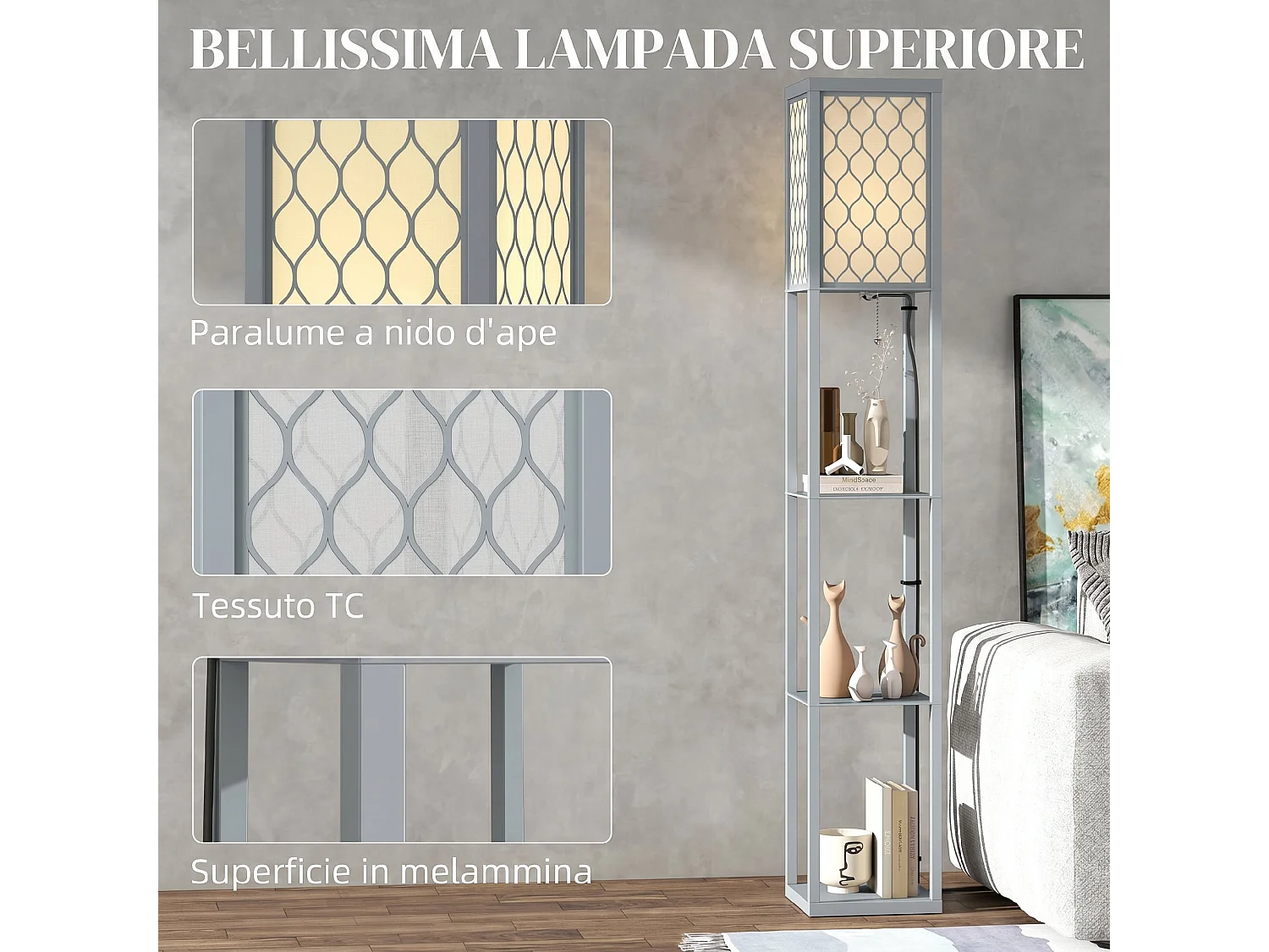 Lampada da terra con 3 ripiani attacco e27 26x26x160 cm grigio chiaro